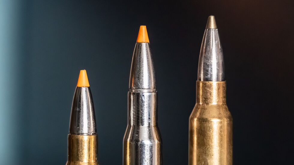 Jagdpatronen im Kaliber 308 Winchester (l-r), 30-06 Springfield und 300 Winchester Magnum stehen bei einem Jäger auf einem Waffenschrank. (Symbolbild) Jagdpatronen im Kaliber 308 Winchester (l-r), 30-06 Springfield und 300 Winchester Magnum stehen bei einem Jäger auf einem Waffenschrank. (Symbolbild)