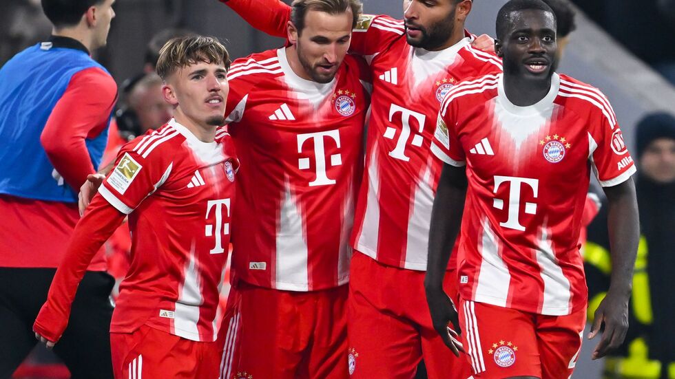 Sechsmal Münchner Torjubel nach dem 0:2-Fehlstart: Lennart Karl, Schütze Harry Kane, Jonathan Tah und Dayot Upamecano nach dem 4:2.