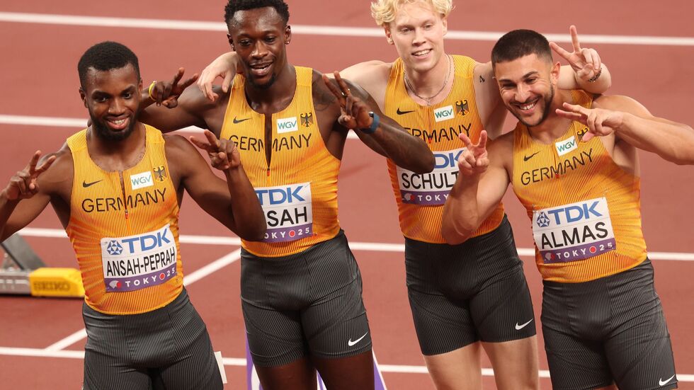 Steht im Finale: die deutsche 4x-100-Meter-Staffel mit Deniz Almas, Marvin Schulte, Owen Ansah und Lucas Ansah-Peprah (v. r.).