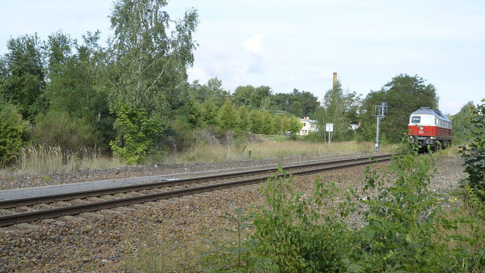 Bahnlinie Görlitz-Cottbus. Eine Diesellok passiert auf der eingleisigen Strecke den Haltepunkt Rietschen