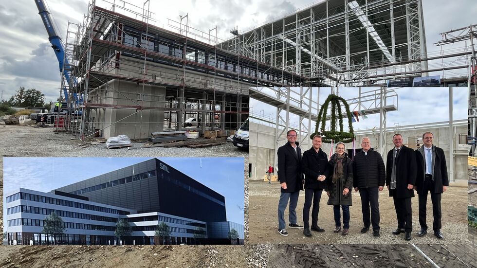 Zum Richtfest kamen: Jan-Hendrik Goldbeck, geschäftsführender Gesellschafter Goldbeck GmbH, Sachsens Ministerpräsident Michael Kretschmer, TUD-Rektorin Prof.in Ursula Staudinger, Torsten Ruban-Zeh, Oberbürgermeister der Stadt Hoyerswerda, Udo Witschas, Landrat des Landkreises Bautzen, und Prof. Günther Prokop, Professur für Kraftfahrzeugtechnik an der TUD (v.l.n.r.).